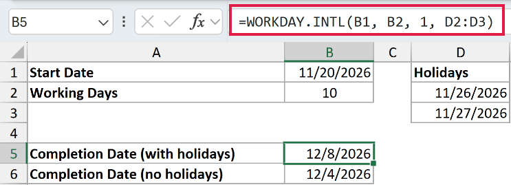 Excel WORKDAY.INTL formula highlighting holiday range D2:D3 to calculate a completion date from a start date and days