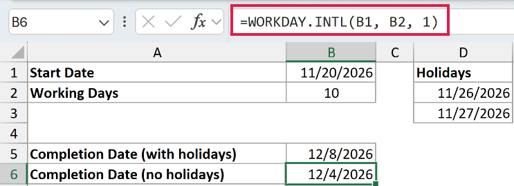 Excel formula bar showing WORKDAY.INTL(B1, B2, 1) to calculate a completion date without excluding holidays