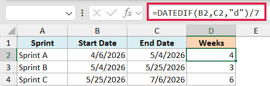 Excel formula bar showing =DATEDIF(B2,C2,"d")/7 to calculate the number of weeks between dates in a spreadsheet table
