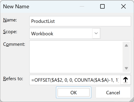 Example 4: the New Name dialog defining ProductList with a dynamic OFFSET formula.