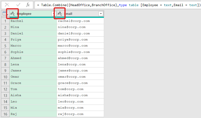 Same two columns as Example 3, now typed as text via a type table