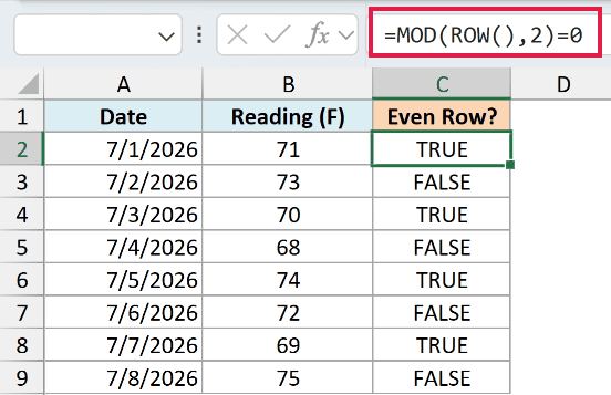 Excel formula =MOD(ROW(),2)=0 in the formula bar, flagging even rows as TRUE in column C of a data table