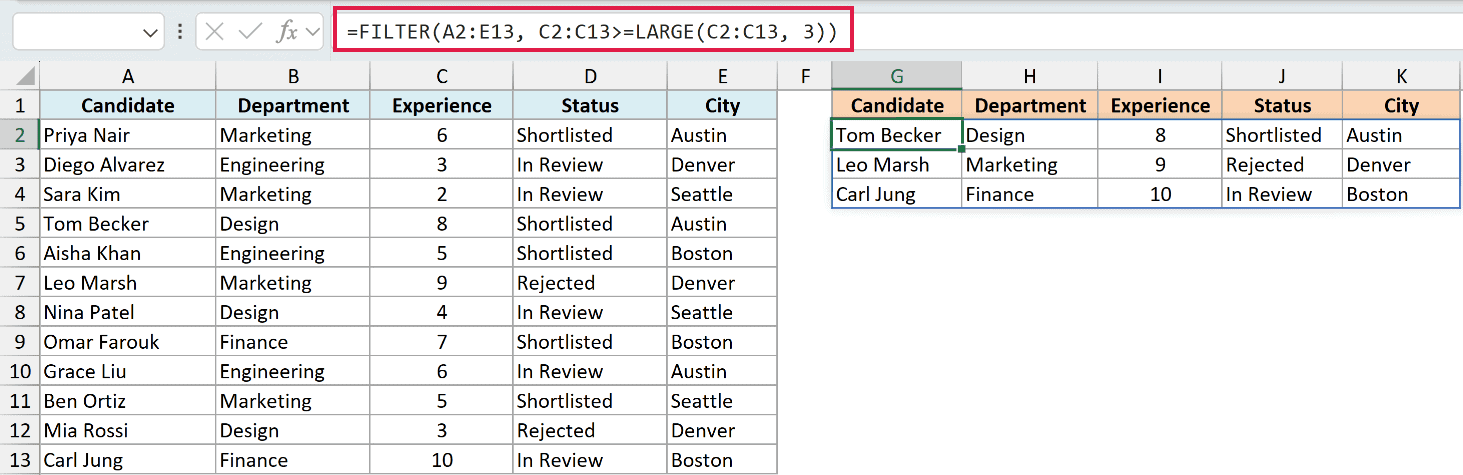 Excel FILTER formula returning top 3 candidates by experience using LARGE function in the formula bar