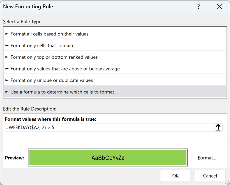 The New Formatting Rule dialog with a formula rule =WEEKDAY($A2, 2) > 5 and a light green fill to highlight weekend dates.