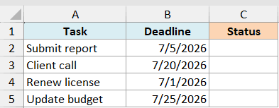 ex5 data showing an Excel table with Task, Deadline, and Status columns for tracking project due dates