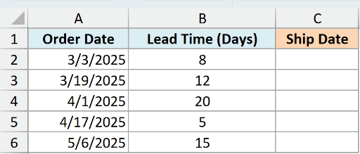 Excel table showing ex5 data with columns for Order Date, Lead Time in days, and empty Ship Date cells