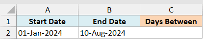 ex5 data showing Start Date 01-Jan-2024 and End Date 10-Aug-2024 in an Excel spreadsheet table