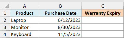 ex5 data showing an Excel table with Product, Purchase Date, and Warranty Expiry columns for three items