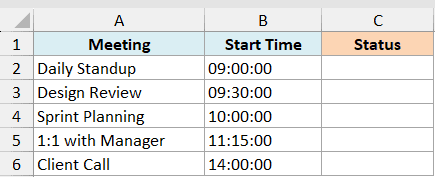 ex5 data showing meeting names in column A and start times in column B with an empty status column C