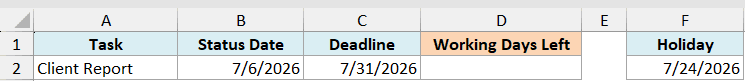ex5 data showing task, status date, deadline, empty working days left column, and a holiday date in Excel