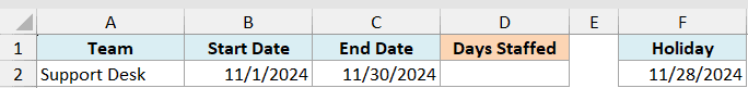 ex5 data showing Team, Start Date, End Date, Days Staffed, and Holiday columns for a NETWORKDAYS.INTL calculation