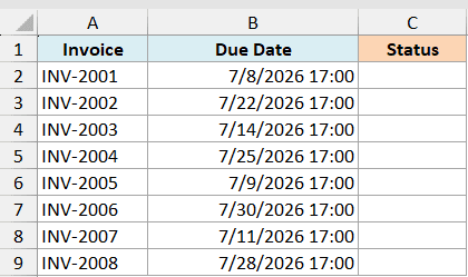 ex5 data showing an Excel table with columns for Invoice, Due Date, and an empty Status column for tracking deadlines