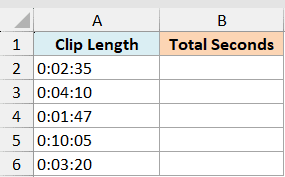 ex5 data showing Clip Length in column A with time values and an empty Total Seconds column B