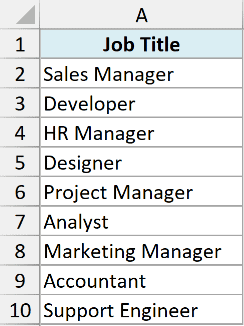 ex5 data showing a list of job titles in Excel column A from rows 1 to 10
