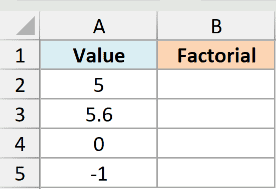 A dataset in Excel with the values 5, 5.6, 0, and -1 ready to be run through the FACT function.