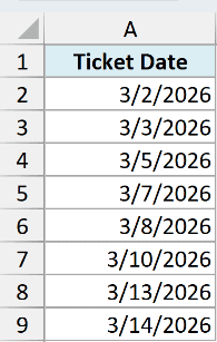 ex5 dataset showing a column of Ticket Date values from March 2026 in an Excel spreadsheet