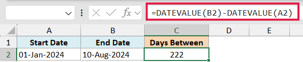 Excel formula bar showing =DATEVALUE(B2)-DATEVALUE(A2) to calculate the number of days between two text dates