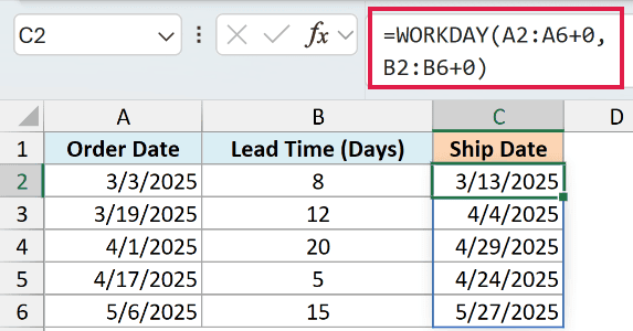 Excel formula bar showing WORKDAY function applied to a range of order dates and lead times in a table