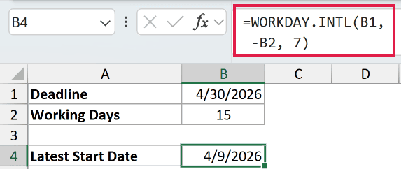 Excel formula =WORKDAY.INTL(B1,-B2,7) in the formula bar to calculate a start date by counting back from a deadline