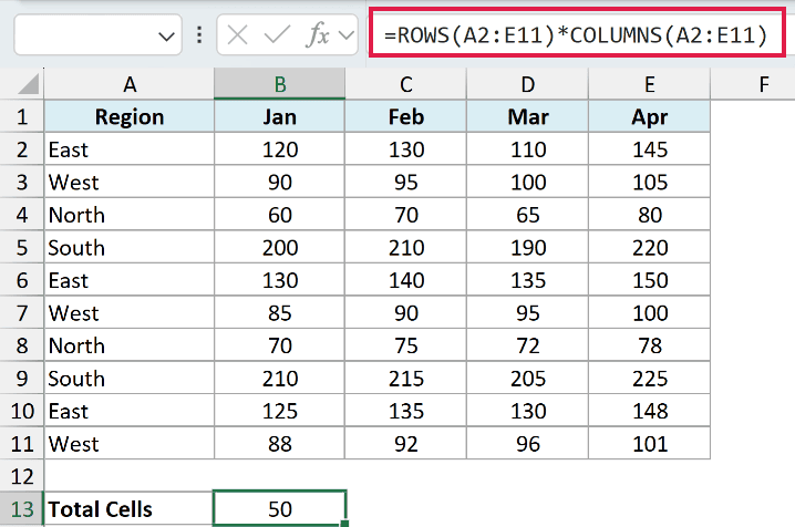 Excel formula =ROWS(A2:E11)*COLUMNS(A2:E11) in the formula bar, calculating total cells in a data range