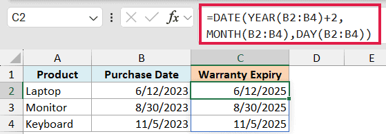 Excel formula in cell C2 using DATE, YEAR, MONTH, and DAY functions to calculate warranty expiry dates