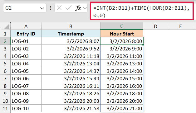 Excel formula =INT(B2:B11)+TIME(HOUR(B2:B11),0,0) used to round timestamps in column B to the start of the hour