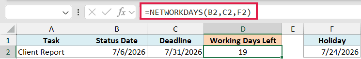 Excel formula bar showing =NETWORKDAYS(B2,C2,F2) to calculate working days between dates in a spreadsheet