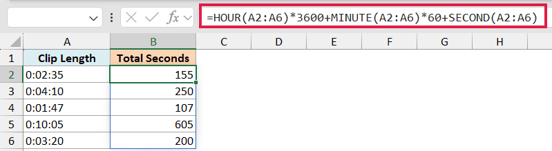 Excel formula using HOUR, MINUTE, and SECOND functions to convert clip length times in column A to total seconds in B
