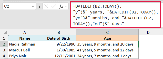 Excel DATEDIF formula in the formula bar calculating age in years, months, and days for a list of birth dates