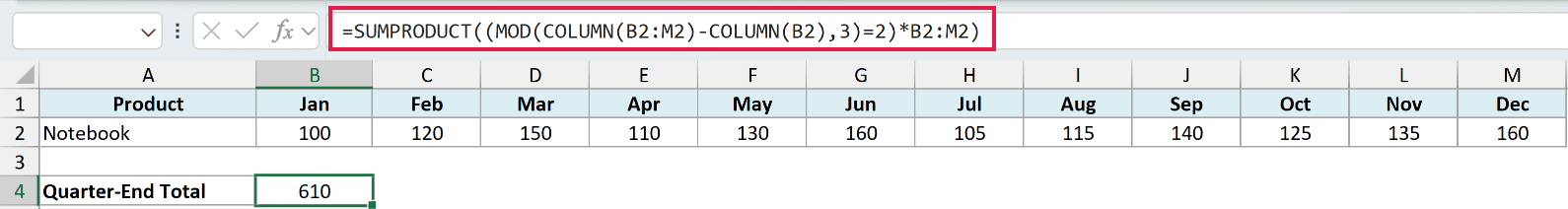 Excel formula bar showing SUMPRODUCT with MOD and COLUMN functions to sum every third column, resulting in 610 in cell B4