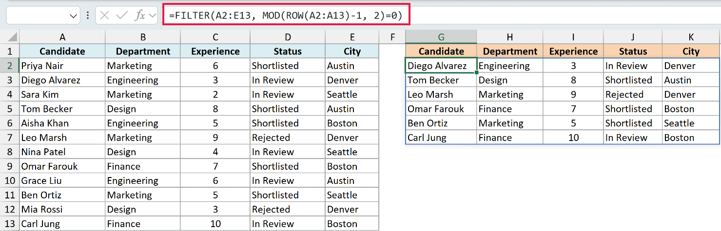 Excel formula using FILTER and MOD to return every other row from a candidate dataset into a new table