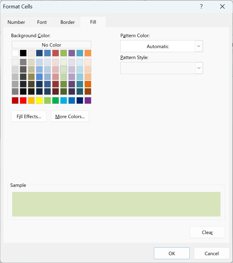 Format Cells dialog Fill tab with the light green fill selected