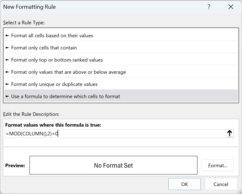 New Formatting Rule dialog with the MOD(COLUMN(),2)=0 formula entered
