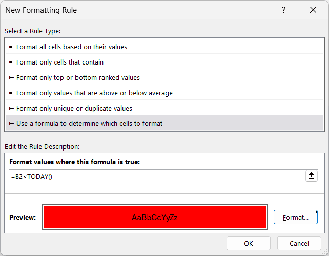 New Formatting Rule dialog with a TODAY formula and a red fill