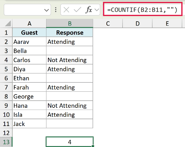 Excel formula =COUNTIF(B2:B11,"") highlighted in the formula bar to count blank cells in a guest response list