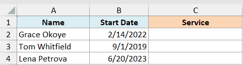 ex6 data showing Excel table with columns for Name, Start Date, and Service for three employees