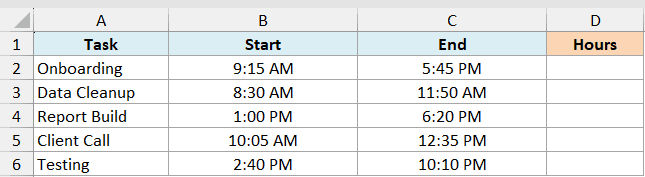 ex6 data showing a table with task names, start times, and end times in columns A through C, with an empty Hours column