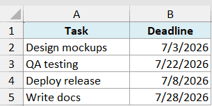 Ex6 data showing an Excel table with Task names in column A and corresponding Deadline dates in column B