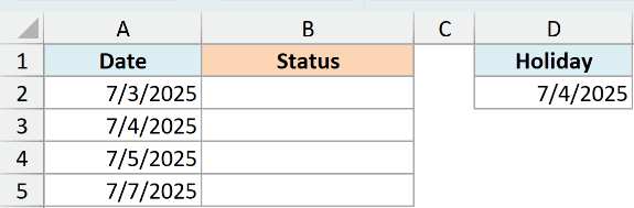 Excel table showing ex6 data with columns for Date and Status, plus a separate Holiday column listing July 4, 2025