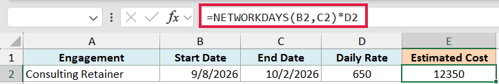 Excel formula bar showing =NETWORKDAYS(B2,C2)*D2 to calculate estimated cost based on start date, end date, and daily rate
