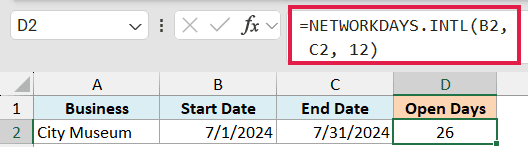 Excel formula =NETWORKDAYS.INTL(B2, C2, 12) highlighted in the formula bar calculating open days for July 2024