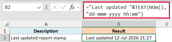 Excel formula bar showing a NOW function combined with TEXT to create a custom last-updated timestamp in cell B2