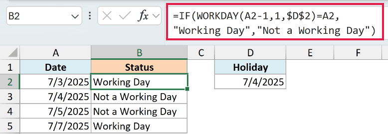 Excel formula bar showing IF and WORKDAY function to check if a date is a working day, excluding a holiday in cell D2