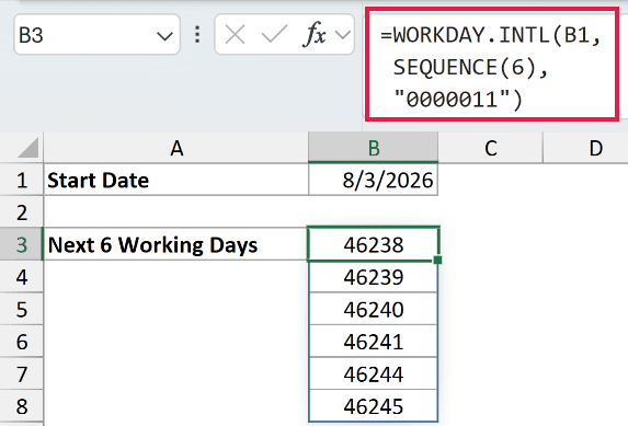 Excel formula bar showing WORKDAY.INTL with SEQUENCE(6) to spill the next 6 working days starting from 8/3/2026