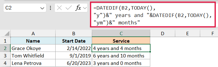 Excel DATEDIF formula in the formula bar calculating years and months between a start date and today