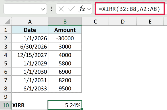 The XIRR function returning an internal rate of return of 5.24% for cash flows that land on irregular dates.