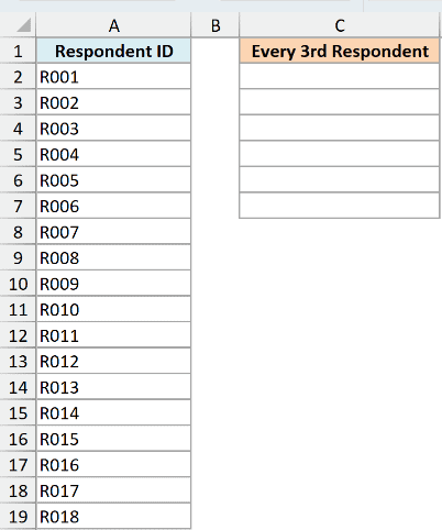 ex6a dataset showing a Respondent ID column with R001 to R018 and an empty Every 3rd Respondent column in Excel