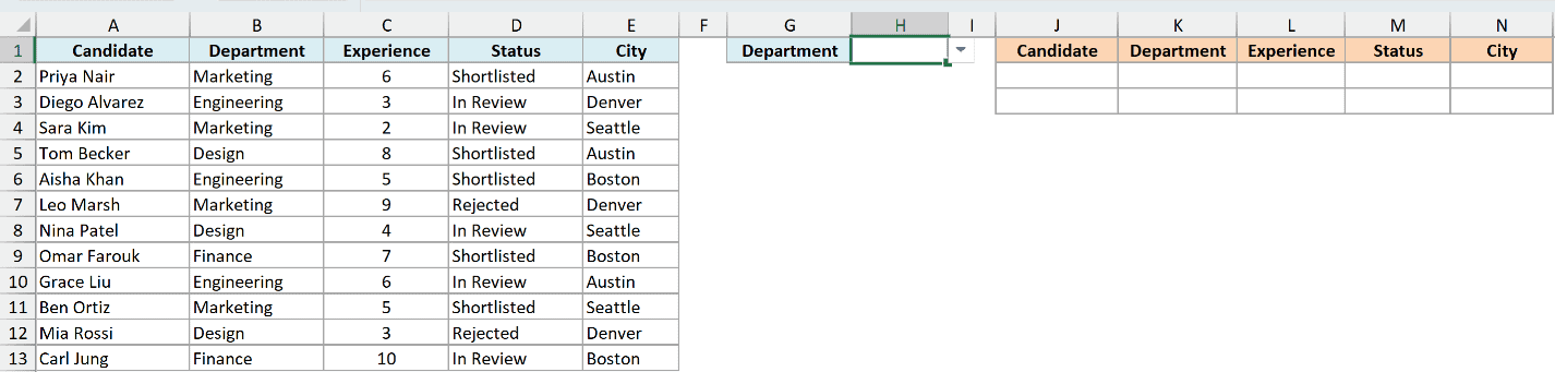 Excel dropdown menu in cell H2 used to filter candidate data by department into a separate table range