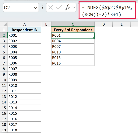 Excel formula using INDEX and ROW to extract every third respondent ID from column A into column C