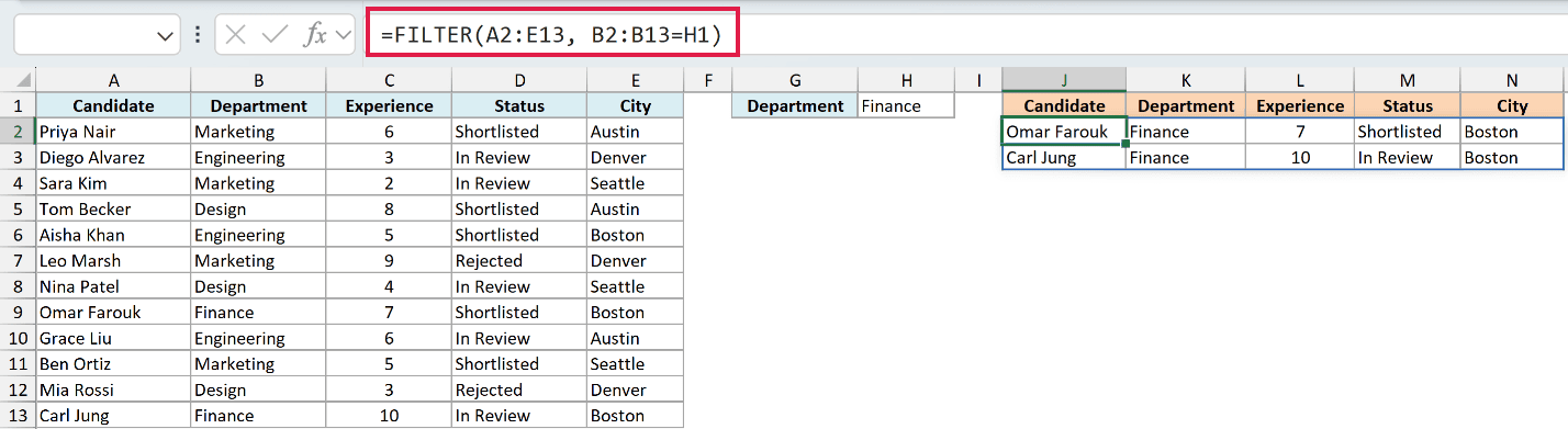 Excel formula bar showing a FILTER function that uses a search box in cell H1 to display matching rows in columns J-N